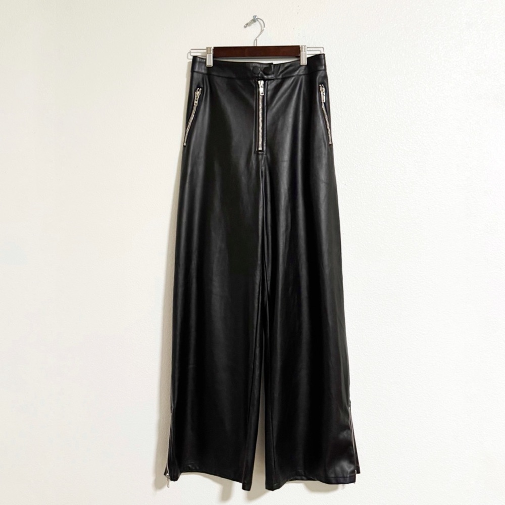 Pretty Little Thing High Rise Faux Leather Wide Leg Zipper Trousers - Picture 2 of 11